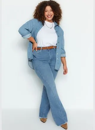 Light Blue High Waist Flare Plus Size Jeans TBBAW24CJ00029