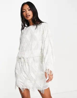 ASOS DESIGN embellished fringe batwing mini dress in white