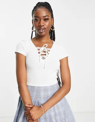 Stradivarius ribbed lace up T-shirt in ecru
