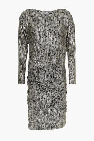 Ruched metallic stretch-knit mini dress