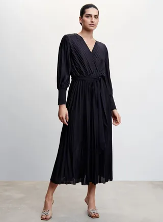 Surplice Neck Belted Pleated Dress