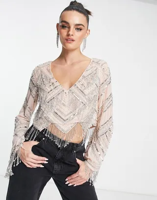 ASOS DESIGN embellished long sleeve top with fringe detail in peach