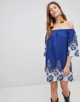 Glamorous Off Shoulder Mini Shift Dress With Contrast Floral Lace