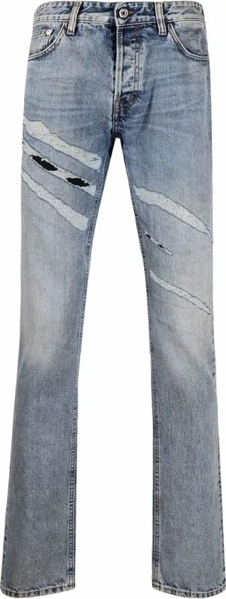 Distressed-Finish Straight-Leg Jeans