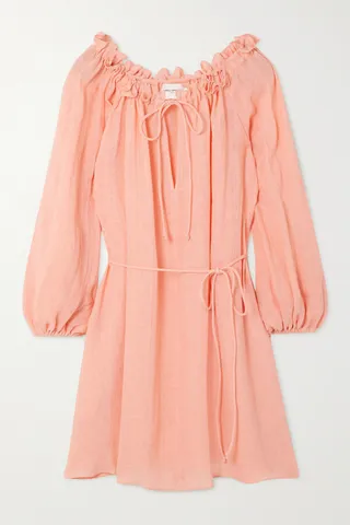 Three Graces London - Sorrell Belted Gathered Linen-blend Mini Dress - Orange