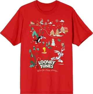 Looney Tunes Winter Land Scene Women’s Red Graphic Tee-3XL