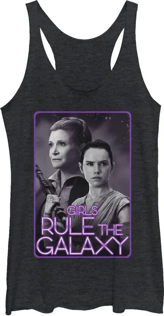 Women's Star Wars The Force Awakens Leia and Rey Rule the Galaxy Racerback Tank Top - Black Heather - Large