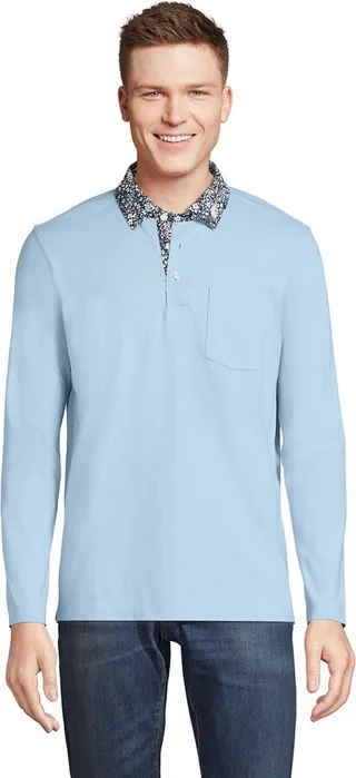 Lands' End Men's Super-T Long Sleeve Poplin Collar Pocket Polo Shirt - Medium - Soft Blue Haze