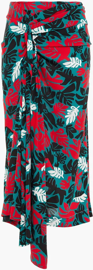 Knotted draped printed stretch-crepe midi skirt