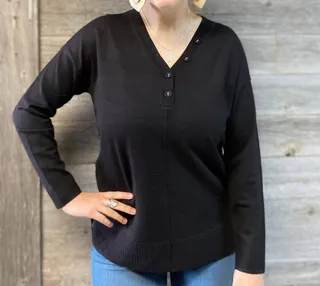 Tribal V-Neck Henley Sweater In Black