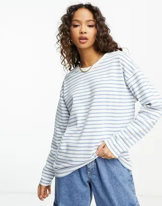 Stradivarius relaxed long sleeve top in blue and white stripe