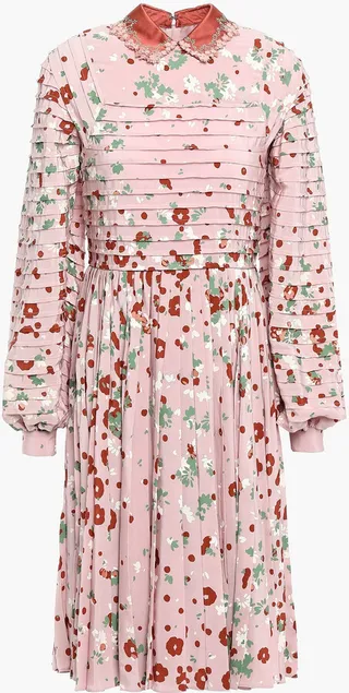 Pintucked floral-print silk crepe de chine dress