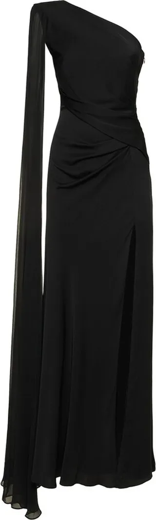 Asymmetric stretch silk crepe gown