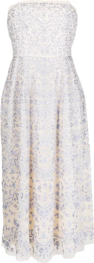 Floral-Embroidered Strapless Dress