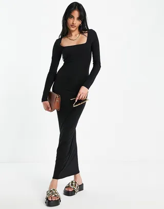 ASOS DESIGN square neck slinky maxi dress in black