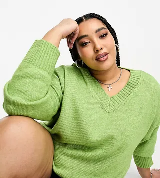 ASOS DESIGN Curve chunky v neck sweater in green