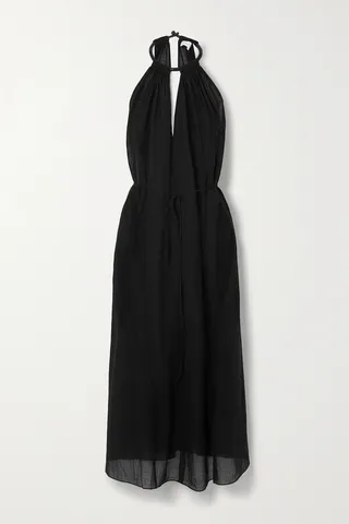 Three Graces London - Rhian Leather-trimmed Cotton-voile Halterneck Midi Dress - Black