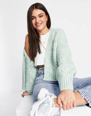 Miss Selfridge stitch yarn edge to edge cardigan in sage