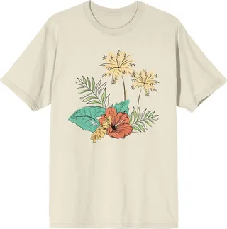 Celestial Tropics Palm Fronds and Hibiscus Flowers Men’s Natural T-Shirt-XXL