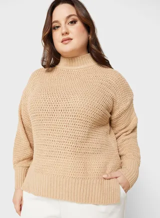 Balloon Sleeve Slit Hem Sweater