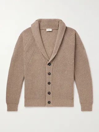 Shawl-Collar Ribbed Wool and Cashmere-Blend Cardigan