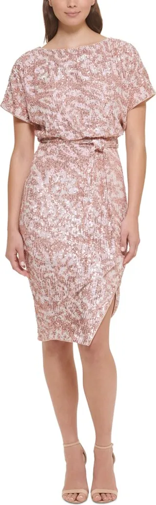 kensie Women's Sequin Boat-Neck Tie-Waist Sheath Dress