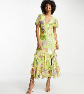 ASOS DESIGN Tall ruffle frill hem midi dress in green metallic rose print
