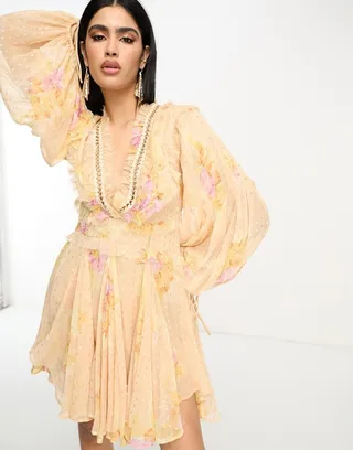 ASOS DESIGN ruffle detail mini dress with chain detail in floral metallic jacquard print
