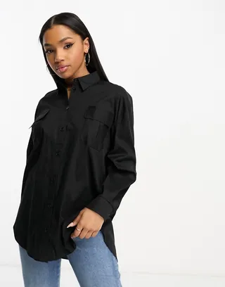 Miss Selfridge poplin oversized utility shirt in black