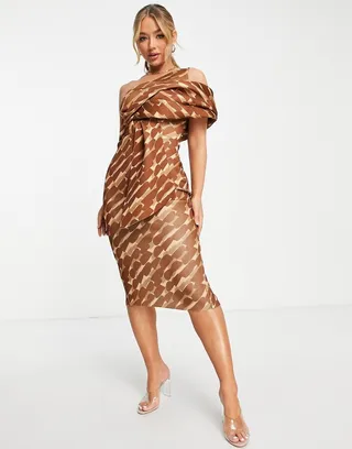 ASOS DESIGN peekaboo shoulder tuck midi pencil dress in geo print