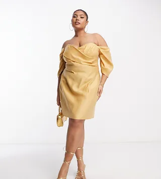 ASOS DESIGN Curve washed pleated off shoulder mini dress with wrap bust detail in stone