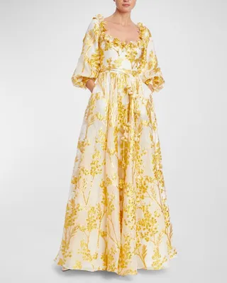 Cutout Blouson-Sleeve Botanical Jacquard Gown