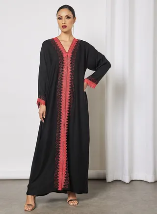 Jersey Abaya With Red Contrasting Panel And Front Embroidery