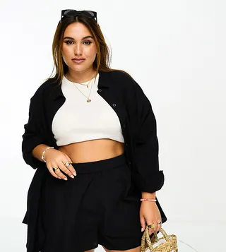 ASOS DESIGN curve textured button through beach shirt in black