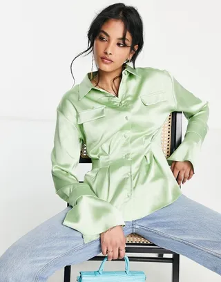 ASOS DESIGN satin long sleeve shirt with corset seam waist detail in pastel lime