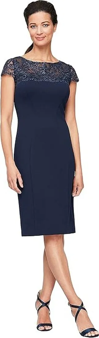 Alex Evenings Short Sheath Dress with Embroidered Illusion Neckline and Cap Sleeves (Navy) Women's Dress