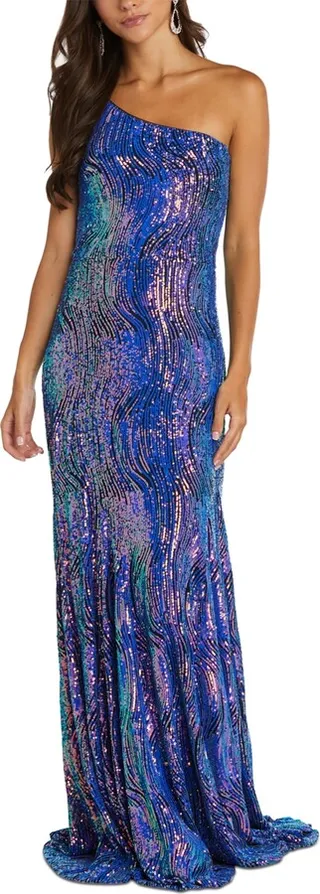 Nightway Women's One-shoulder Rainbow-Sequin Gown