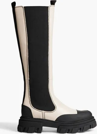 Rubber-trimmed leather knee boots
