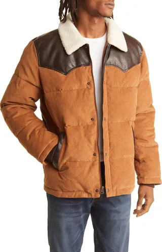 Yellowstone Western Corduroy Puffer Jacket with Faux Shearling & Faux Leather Trim