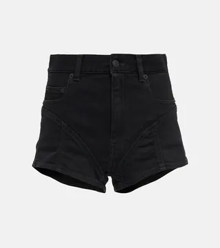 Lace-trimmed high-rise denim shorts