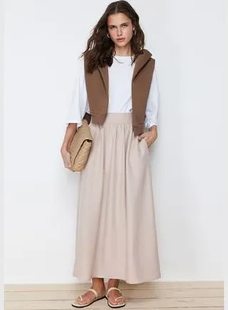 Beige Plain Flared Woven Skirt TCTSS24EE00004