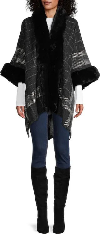 Faux Fur-Trim Plaid Cape