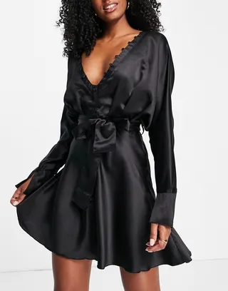 ASOS DESIGN satin batwing mini dress with button front detail and tie front in black