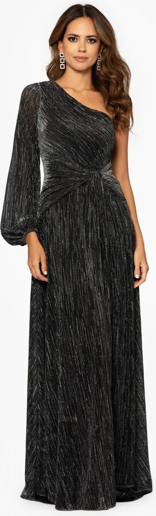 Long One Shoulder Long Sleeve Crinkle Metallic
