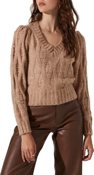 Distressed V-Neck Cable Knit Sweater