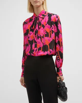 Floral-Print Blouson-Sleeve Chiffon Blouse