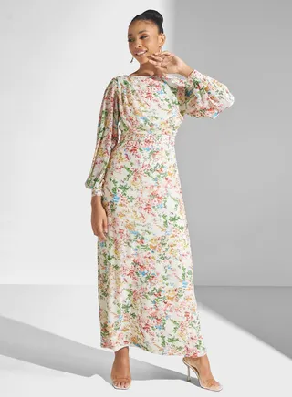 Floral Print Puff Sleeve Belted Dress
