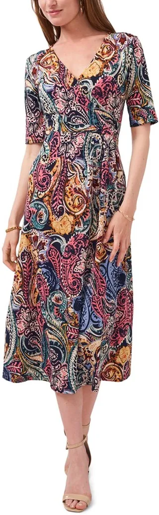 V-Neck Faux Wrap Midi Dress