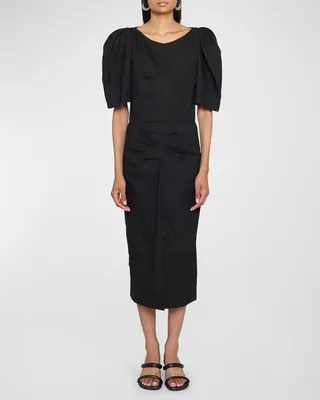 Flore Puff-Sleeve SLit-Hem Midi Dress