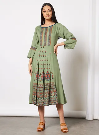 Casual Cotton Printed Round Neck All Over Jalabiya With Facemask For Women